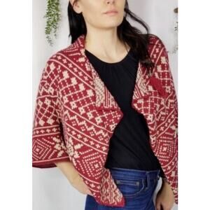 CABI Red Nordic Fair Isle Wool Blend Cropped Cardigan Shrug